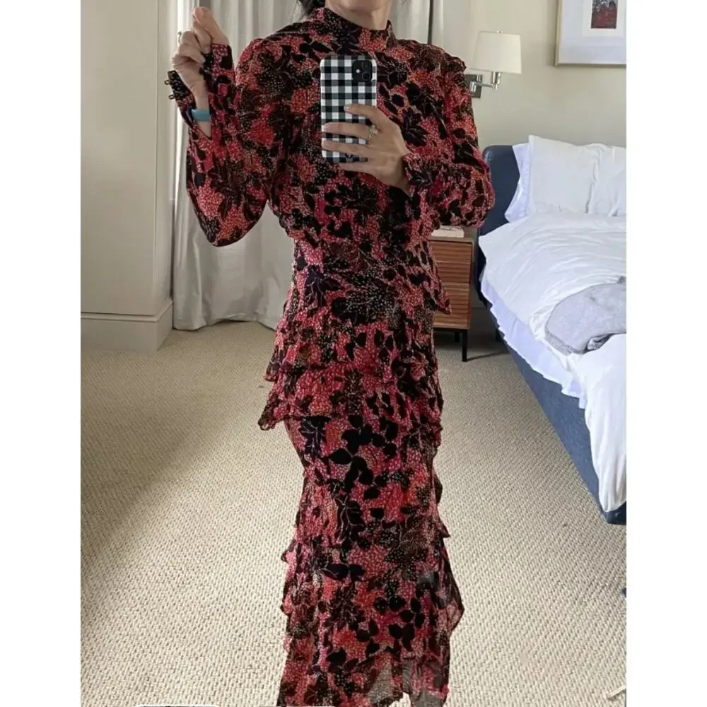 Saloni Floral Chiffon Midi Dress SIZE 4 Silk Ruffle Mockneck Work Designer $700 - Picture 4 of 12